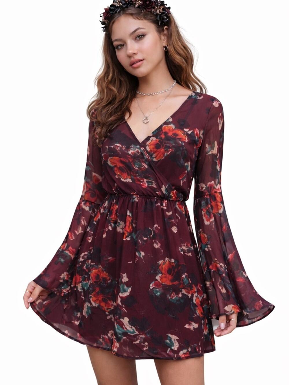 Abercrombie & Fitch Y2K Fairy Grunge Floral Bell Sleeve Mini Dress M Whimsigoth